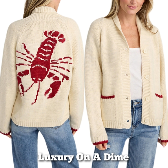 Sweaters - Contrasting Lobster Coastal Print Knit Cardigan Button Long Sleeve Patch Pocket
